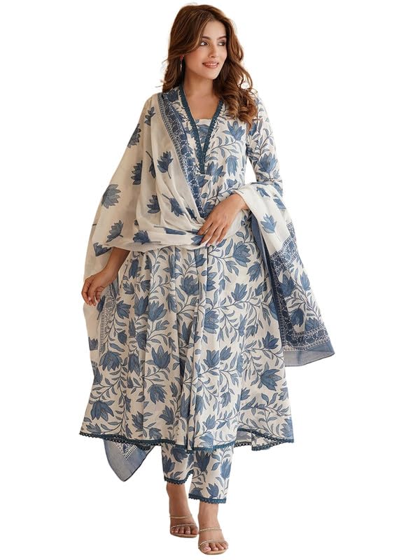 Pinkmint WomenS Cotton Blend Off White Floral Printed Kurta With Pant & Dupatta L Stylish Festival Wear (Pack Of 1)
