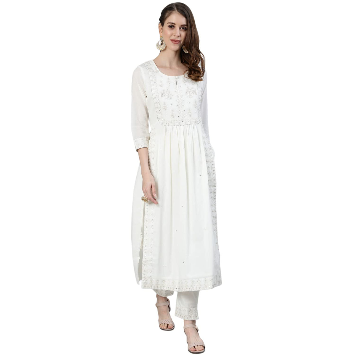 Ishin WomenS Off White Zari Embroidered High Slit Kurta Set With Trouser