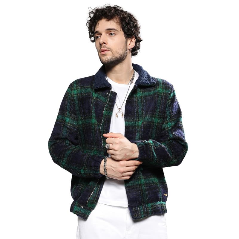Campus Sutra Mens Navy Blue & Green Tartan Plaid Jacket With Fleece Collar For Casual Wear | Spread Collar | Long Sleeve | Zipp