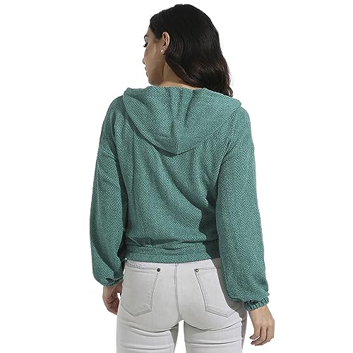 Campus Sutra Womens Cotton Teal Green Zip-Front Chevron Hoodie with Elasticated Hem for Casual Wear|Hood Neck|Long Sleeve|Zip C