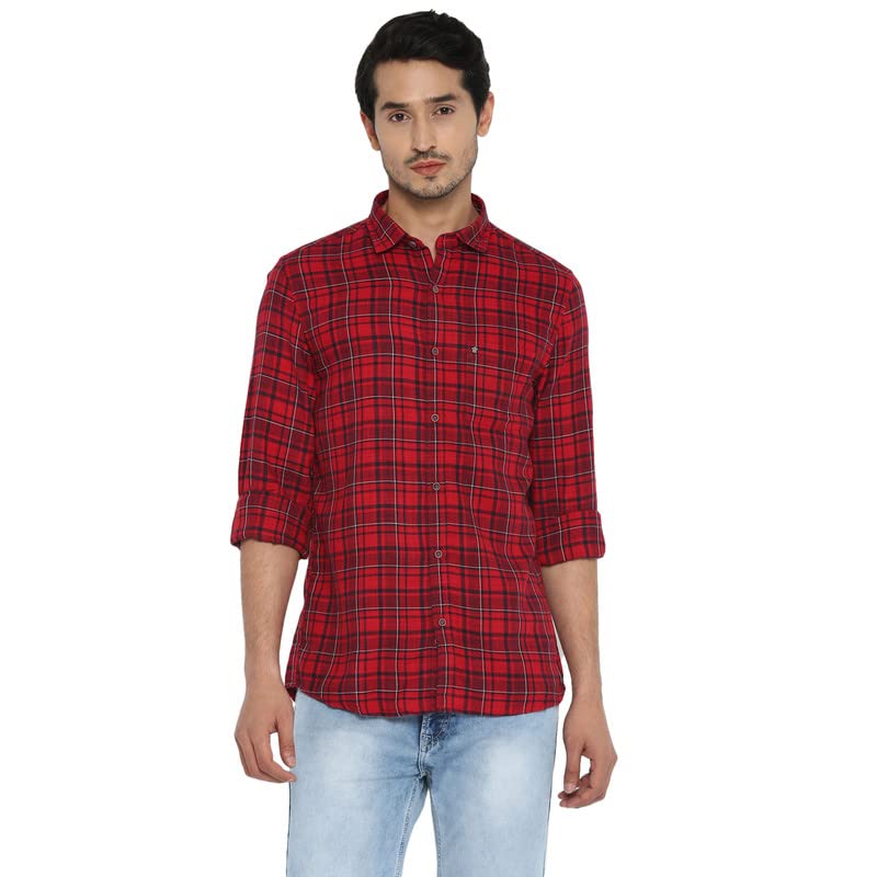 Turtle Men Cotton Blend Red Slim Fit Checkered Shirts