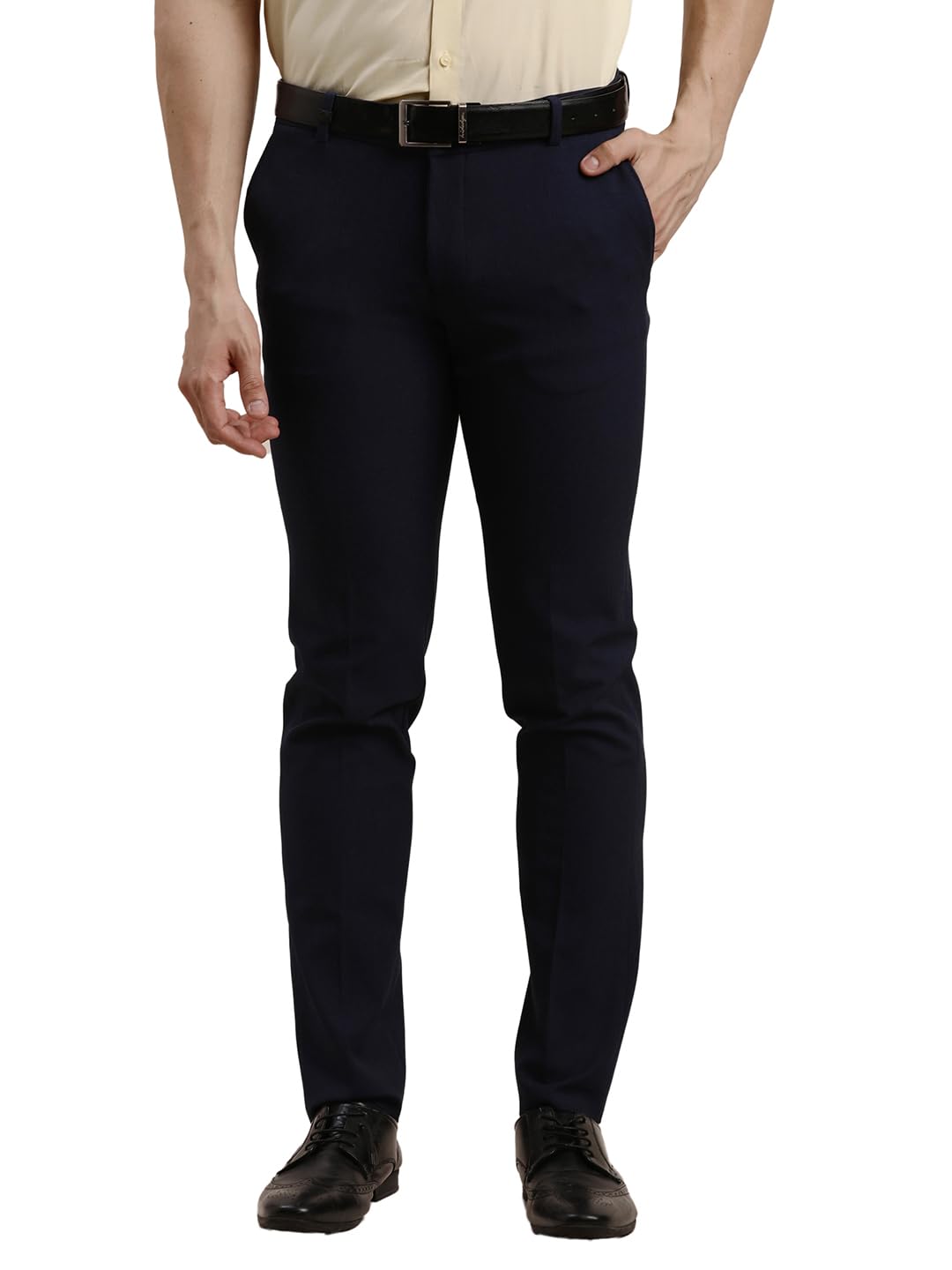 Turtle Men 4 Way Stretch Ultra Slim Fit Self Design Blue Flat Front Formal Trouser