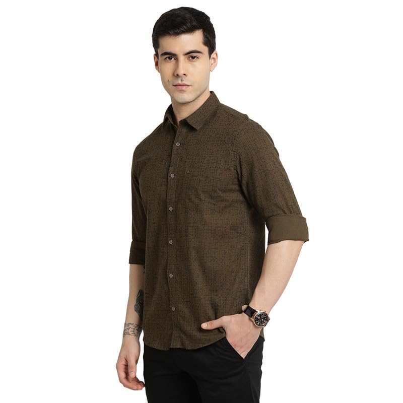 Turtle Men Khadi Slim Fit Brown Printed Full Sleeve Casual Shirt