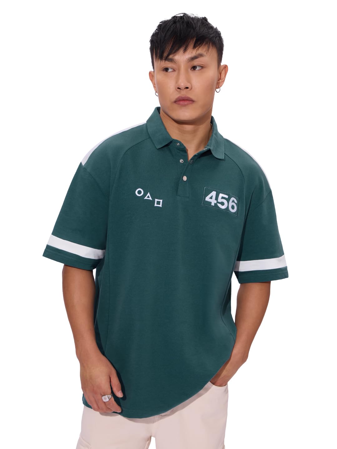 The Souled Store Squid Game: Survival 456 Men and Boys Short Sleeves Collared Neck Green Embroidered Cotton Oversized Polos