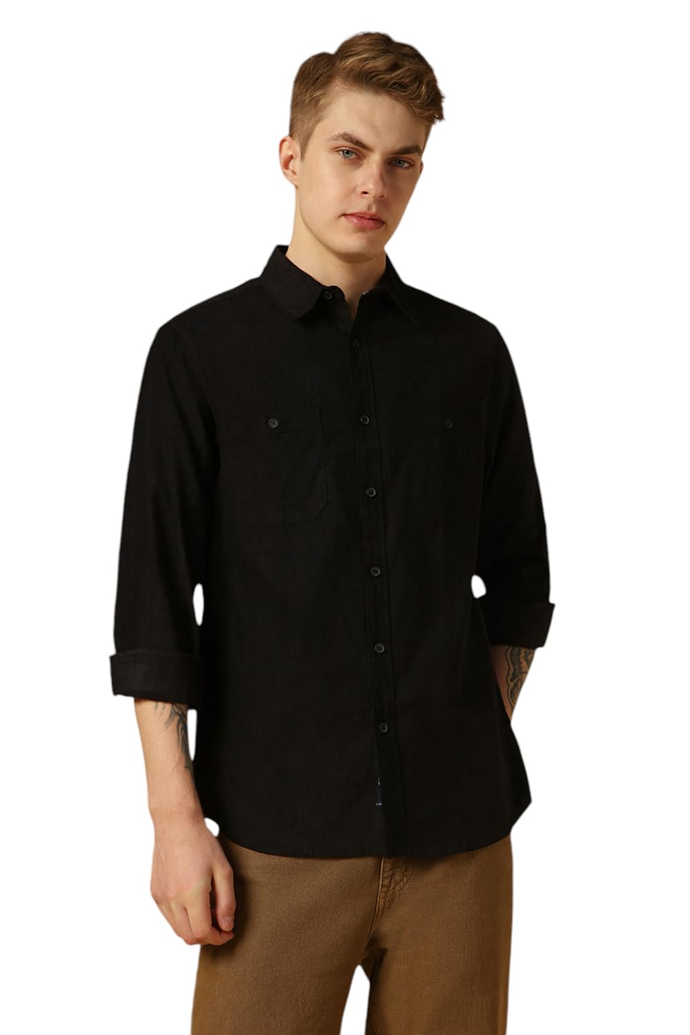 Dennis Lingo Men Black Solid Relaxed Fit Full Sleeve Spread Collar Shirts