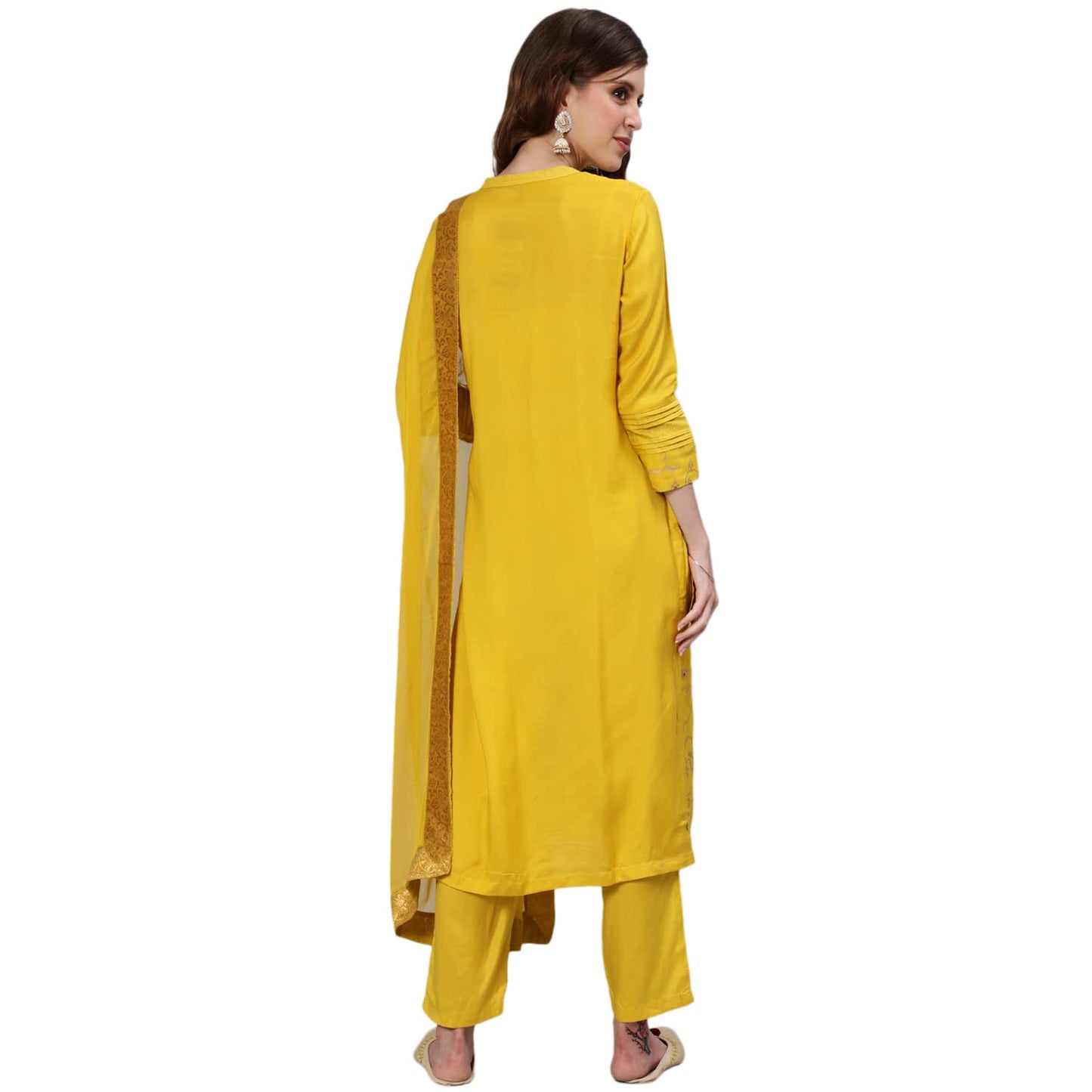 ishin Women's Silk Blend Embroidered Zari Yellow Floral Print A-Line Kurta suit set With Dupatta & Trouser