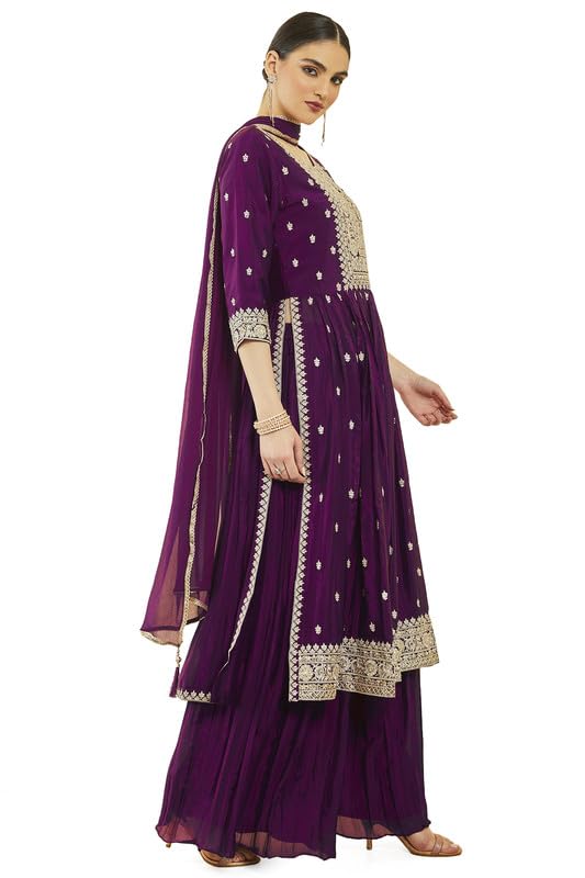 Soch Womens Wine Georgette Floral Embroidered Suit Set With Dupatta