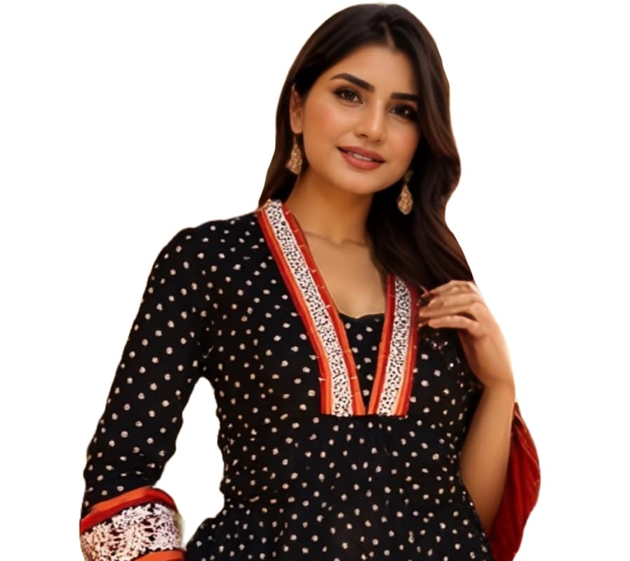 ANNI DESIGNER Women s Kurta Viscose Dress with Anarkali Printed Pants, Black, Small