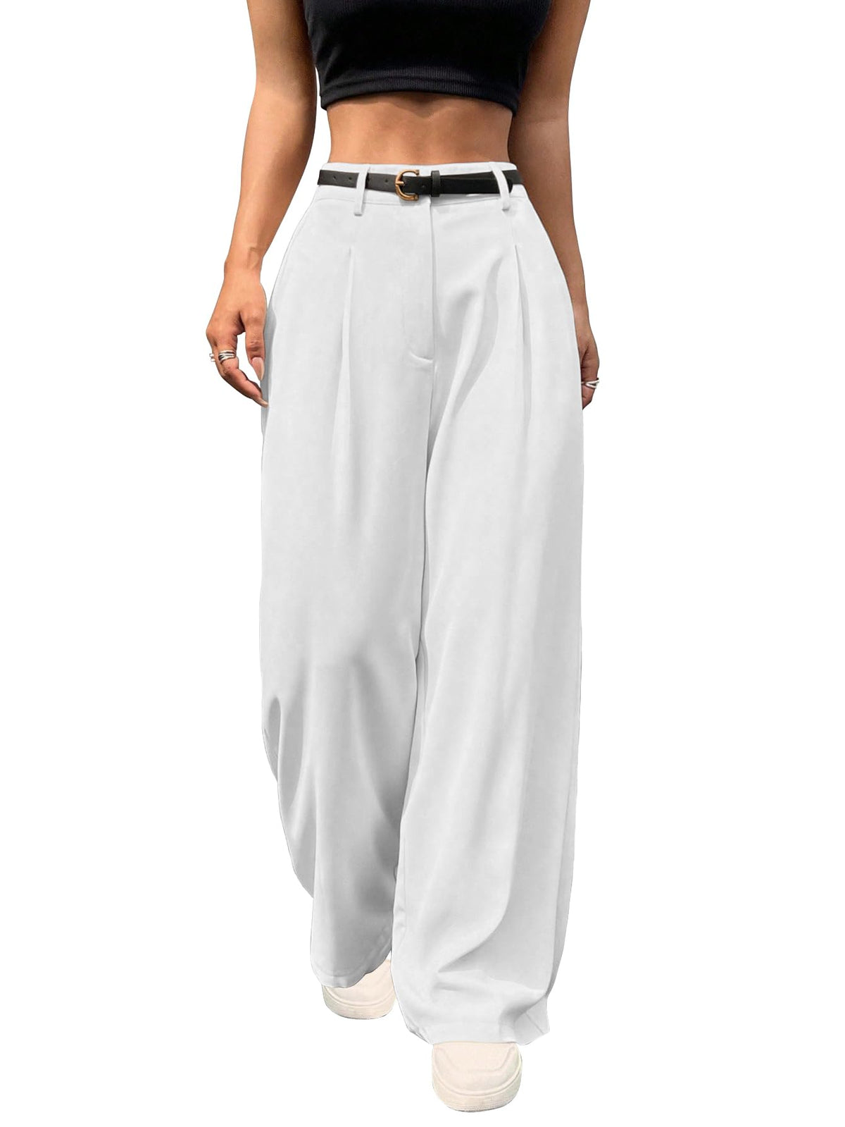 Shasmi Womens White Pleated High Waist Wide Leg Pants Elegant Loose Fit Black Trousers with Pockets, Casual & Office Wear Strai