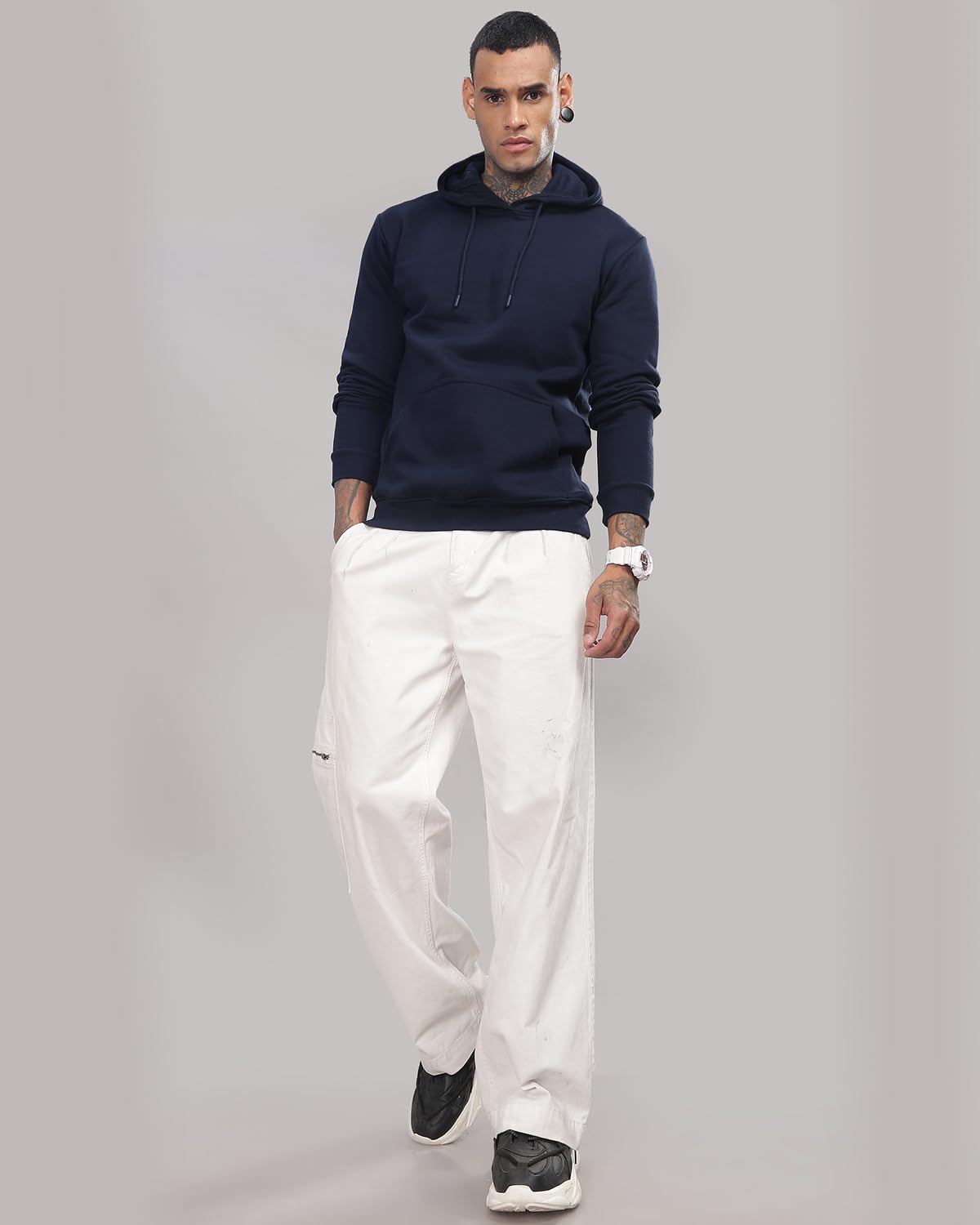 ADRO Men's Cotton Neck Hooded Sweatshirt (H-A-PLN-NB_Navy_2XL)