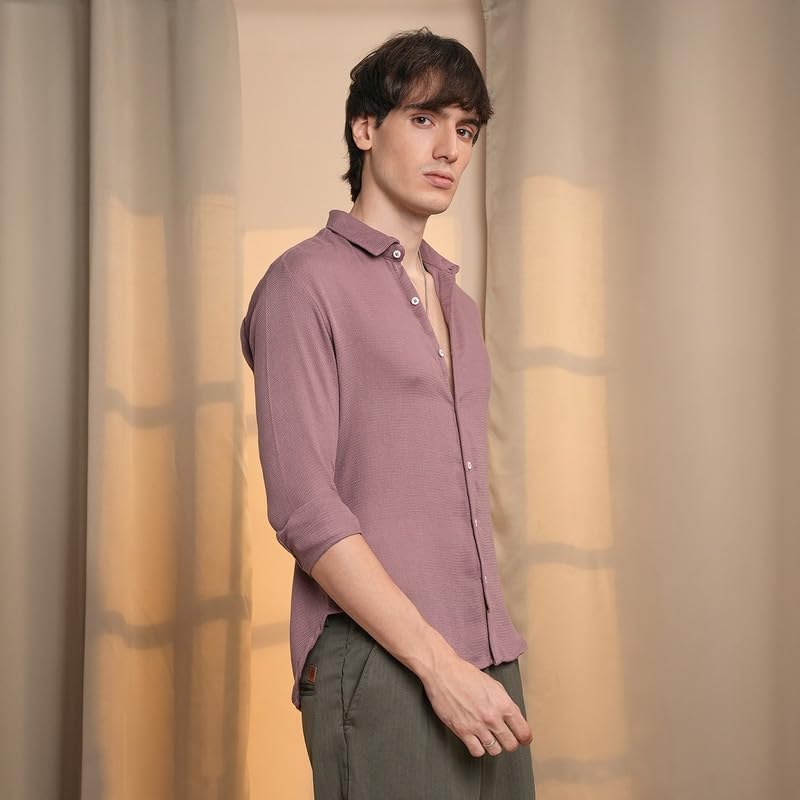 Campus Sutra Mens Nude Pink Woven-Textured Shirt | Casual Wear | Spread Collar | Long Sleeve | Button Closure | Shirt Crafted w