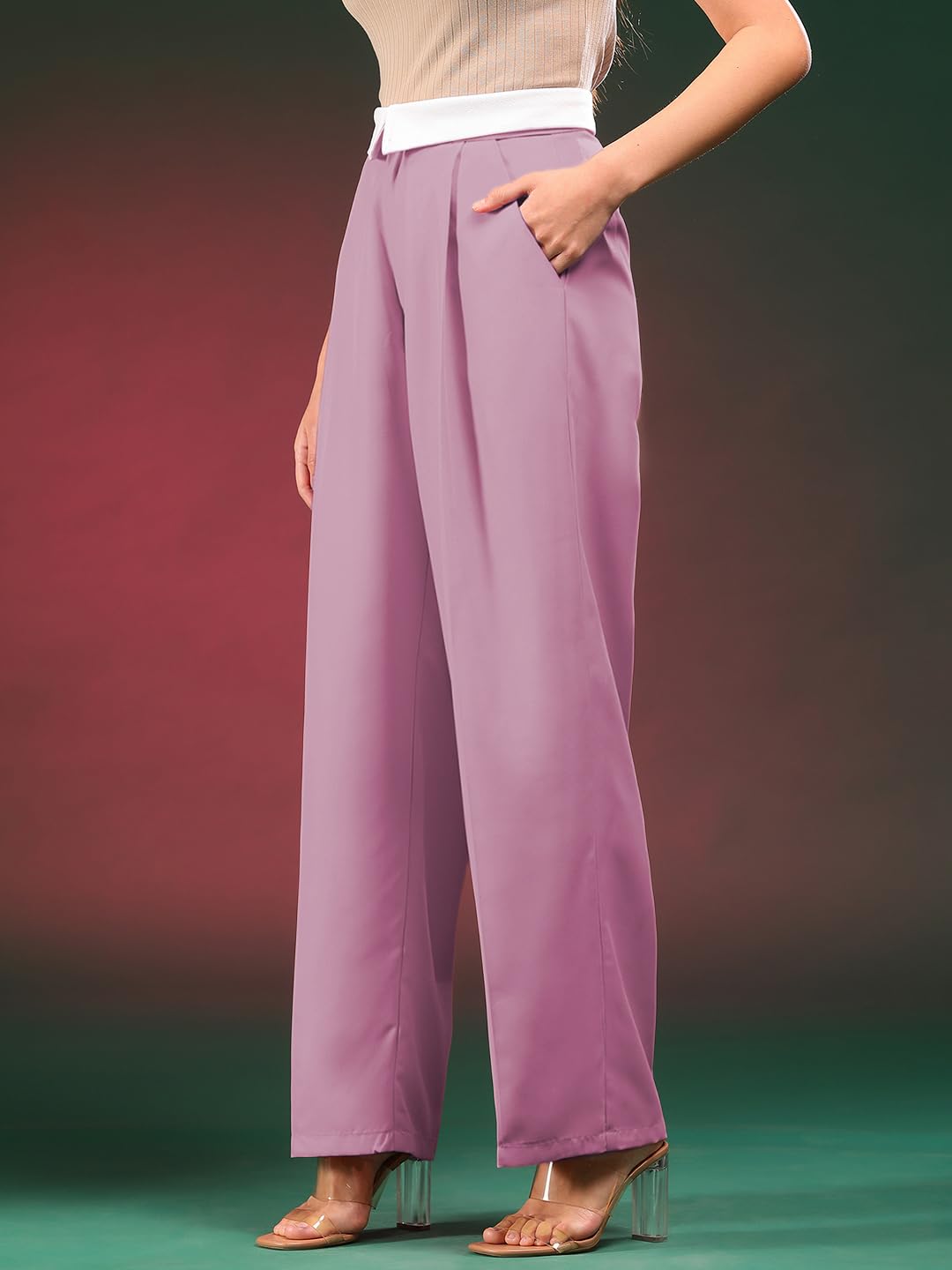 Kotty WomenS High Rise Viscose Rayon Relaxed Fit Trousers(Pink,28)