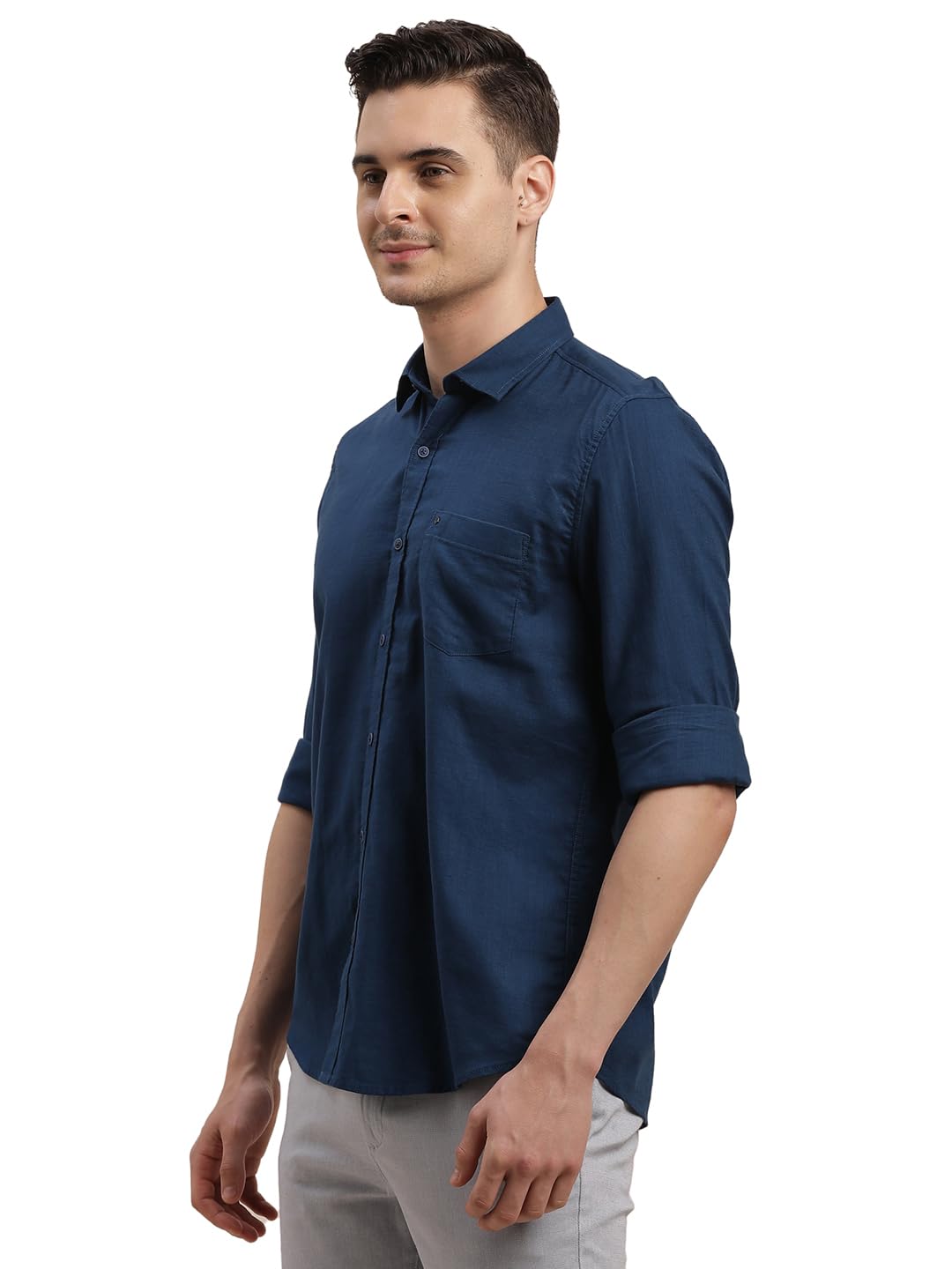 Turtle Men 100% Cotton Solid Slim Fit Blue Casual Shirt