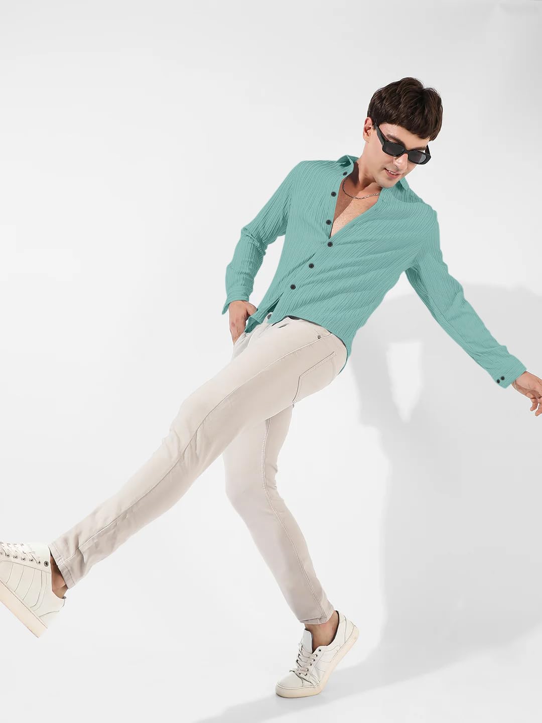 Finivo Fashion MenS Cotton Casual Striped Button Down Shirts Long Sleeve Textured Summer Beach Shirt For Men Turquoise