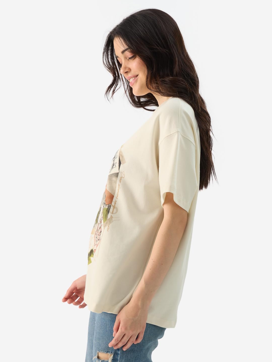 The Souled Store Official Harry Potter: Hogwarts Women and Girls Short Sleeve Round Neck Off White Graphic Printed Cotton Oversi