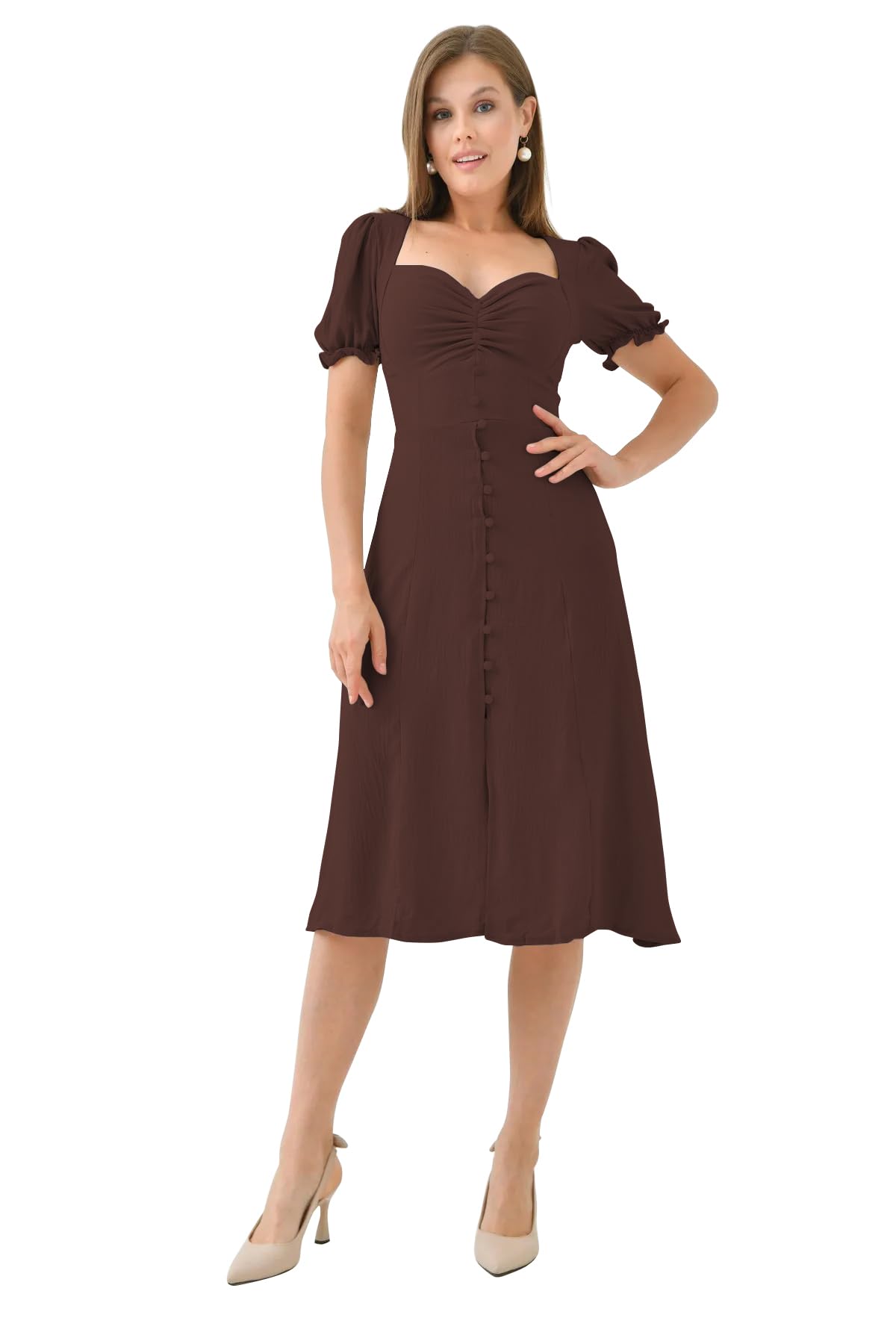 Shasmi Girls & Womens Solid Brown Midi Dress Elegant Square Neck Button-Down Dress with Puff Short Sleeves | Stylish Casual &