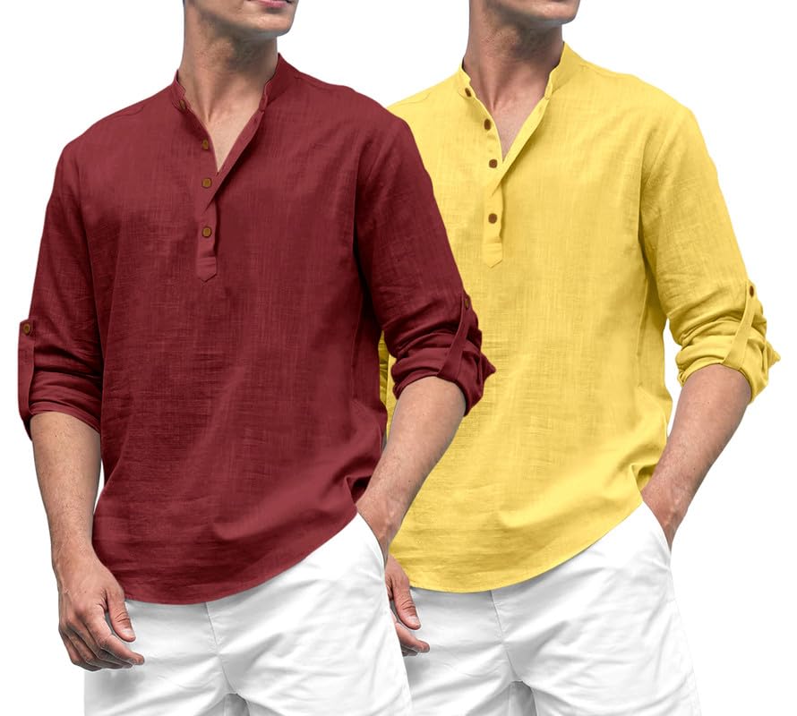 Royalscout Combo Of MenS Solid Cotton Blend Full Sleeve Straight Kurta Shirt (Pack Of 2) Maroon-Yellow