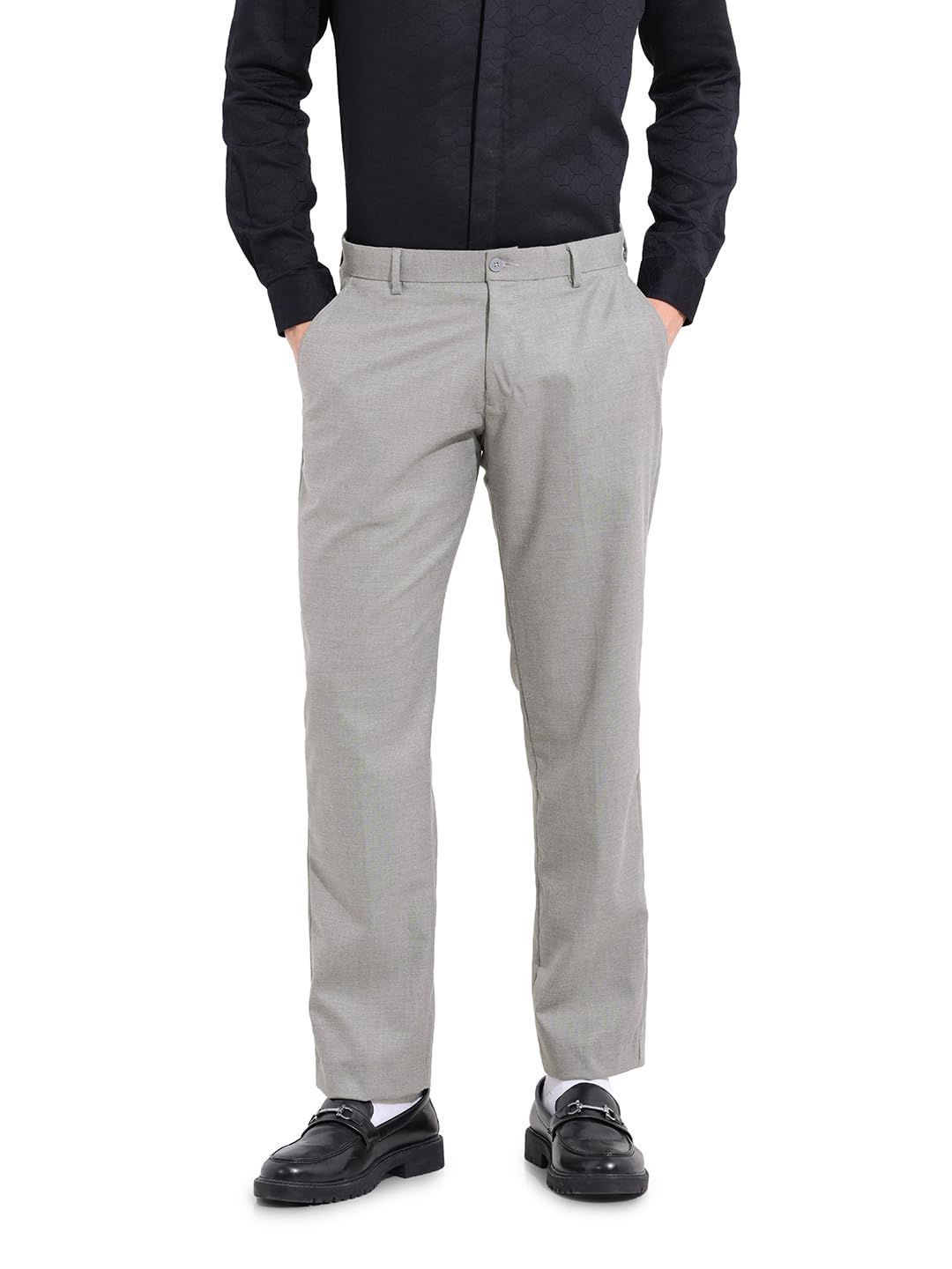 The Indian Garage Co Mens Regular Fit Self Design Mid-Rise Stretchable Formal Trousers Sweater
