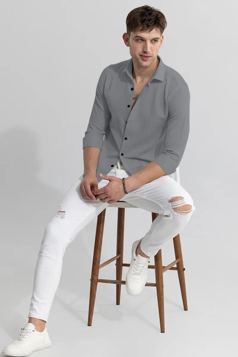 Finivo Fashion MenS Cotton Casual Plain Button Down Shirts Long Sleeve Textured Summer Beach Shirt For Men Grey