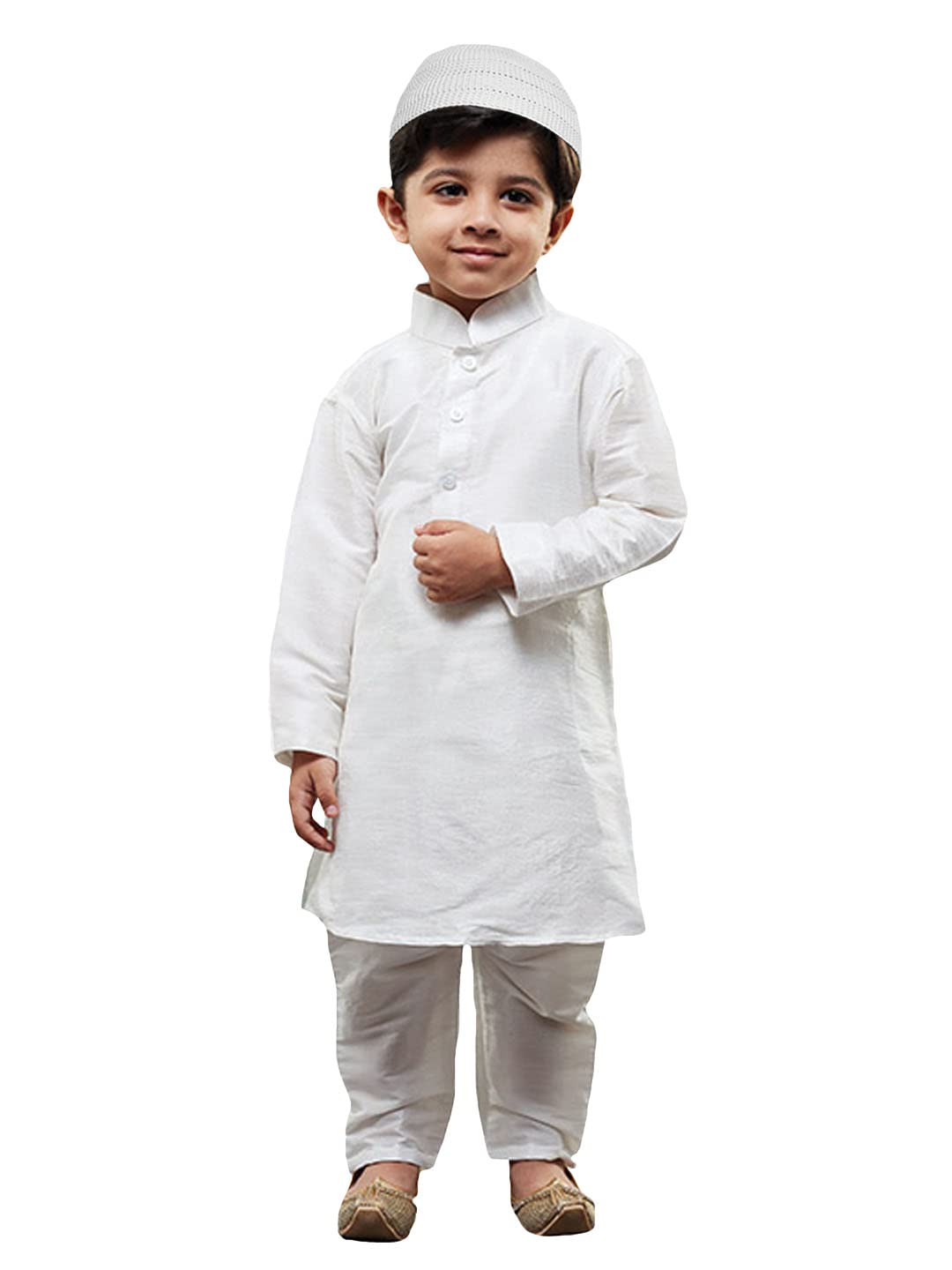 Jbn Creation Boys White Silk Blend Kurta Pyjama And Cap Set