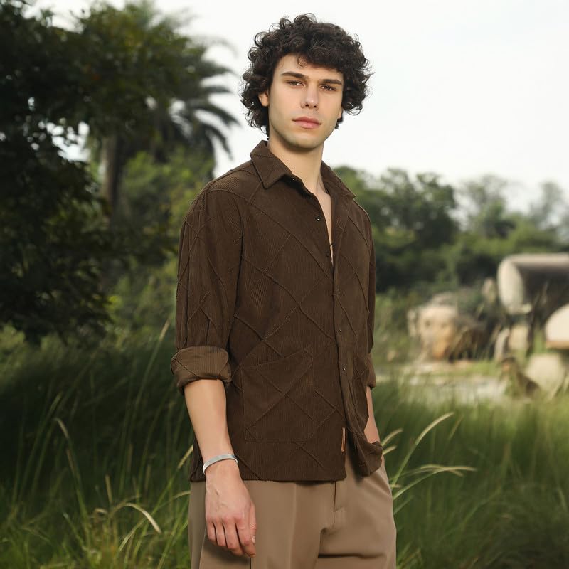 Campus Sutra Mens Coffee Brown Crosshatch-Tactile Oversized Shirt for Casual Wear | Spread Collar | Long Cuffed Sleeves | Butto
