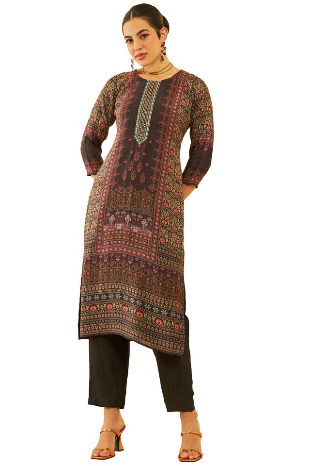 Soch Womens Charcoal Muslin Floral Printed Kurta Set with Cutdana Work