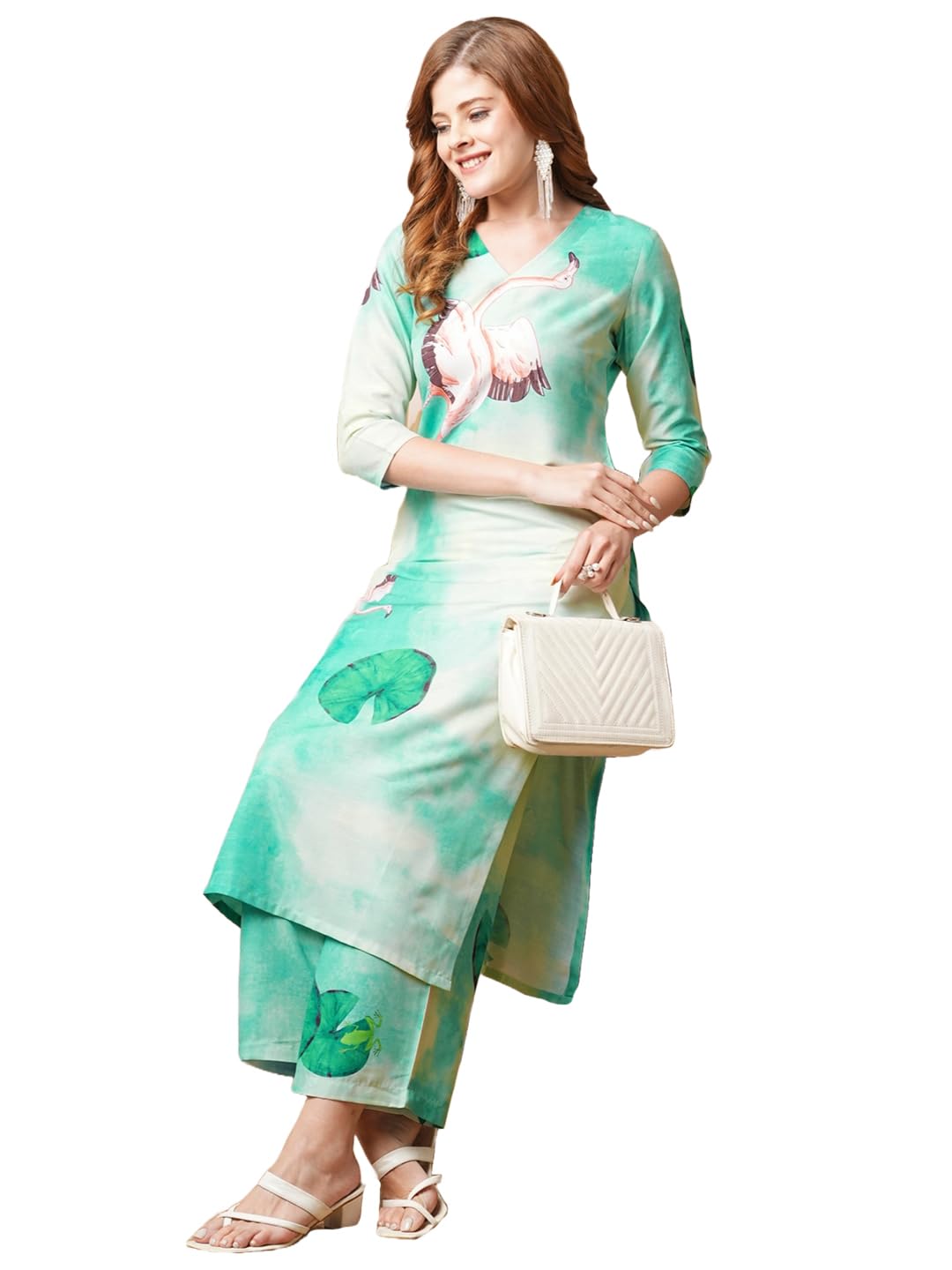ANNI DESIGNER Women s Rayon Blend Kurta and Palazzo, See Green, XL