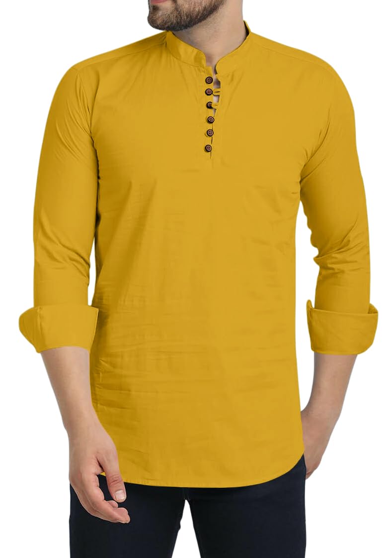 Royalscout MenS Cotton Blend Full Sleeve Short Kurta With Mandarin Collar Gold