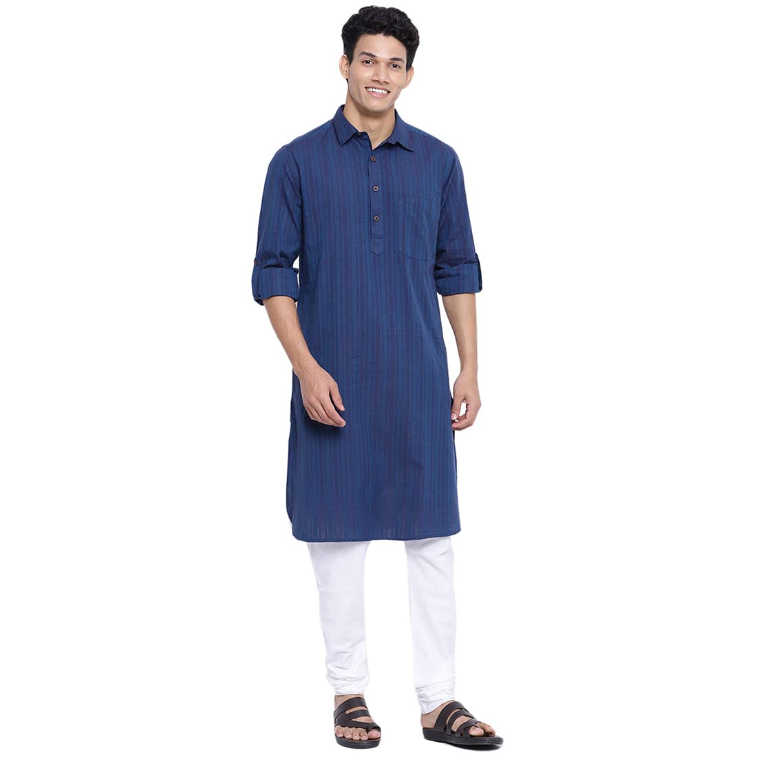 Fabindia Men Cotton Striped Pathani Kurta Navy_L