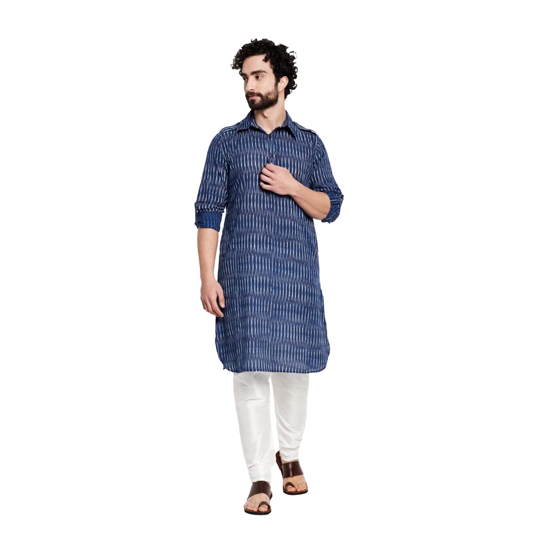 Fabindia Men Printed Pathani Kurta With Cuff Cotton_Xl Navy Blue