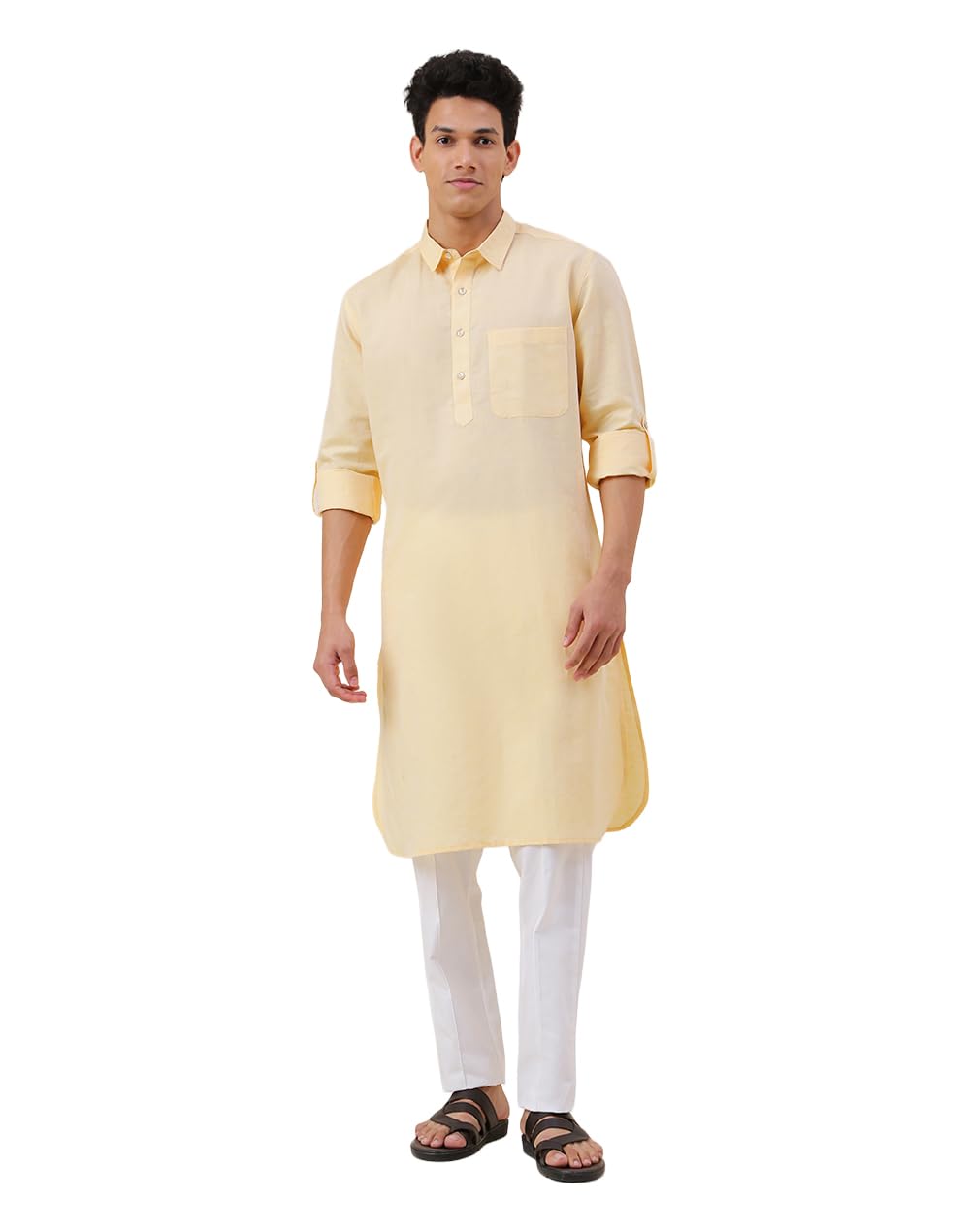 Fabindia Men's Yellow Linen Solid Comfort Fit Pathani Kurta
