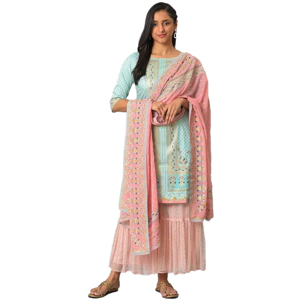 Aurelia Blue Floral Printed Foil Blend Kurta Dupatta Bottomwear