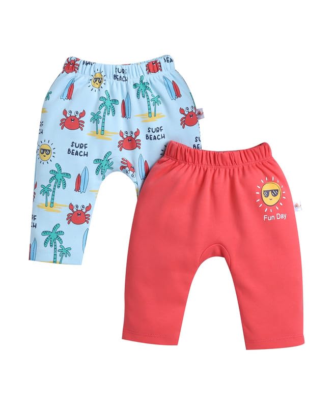 Bumzee Baby Boys Cotton Diaper Pants/Leggings/Pyjamas Pack Of 2 Sky Blue & Coral - New Born (Peb10541A-Sbl)