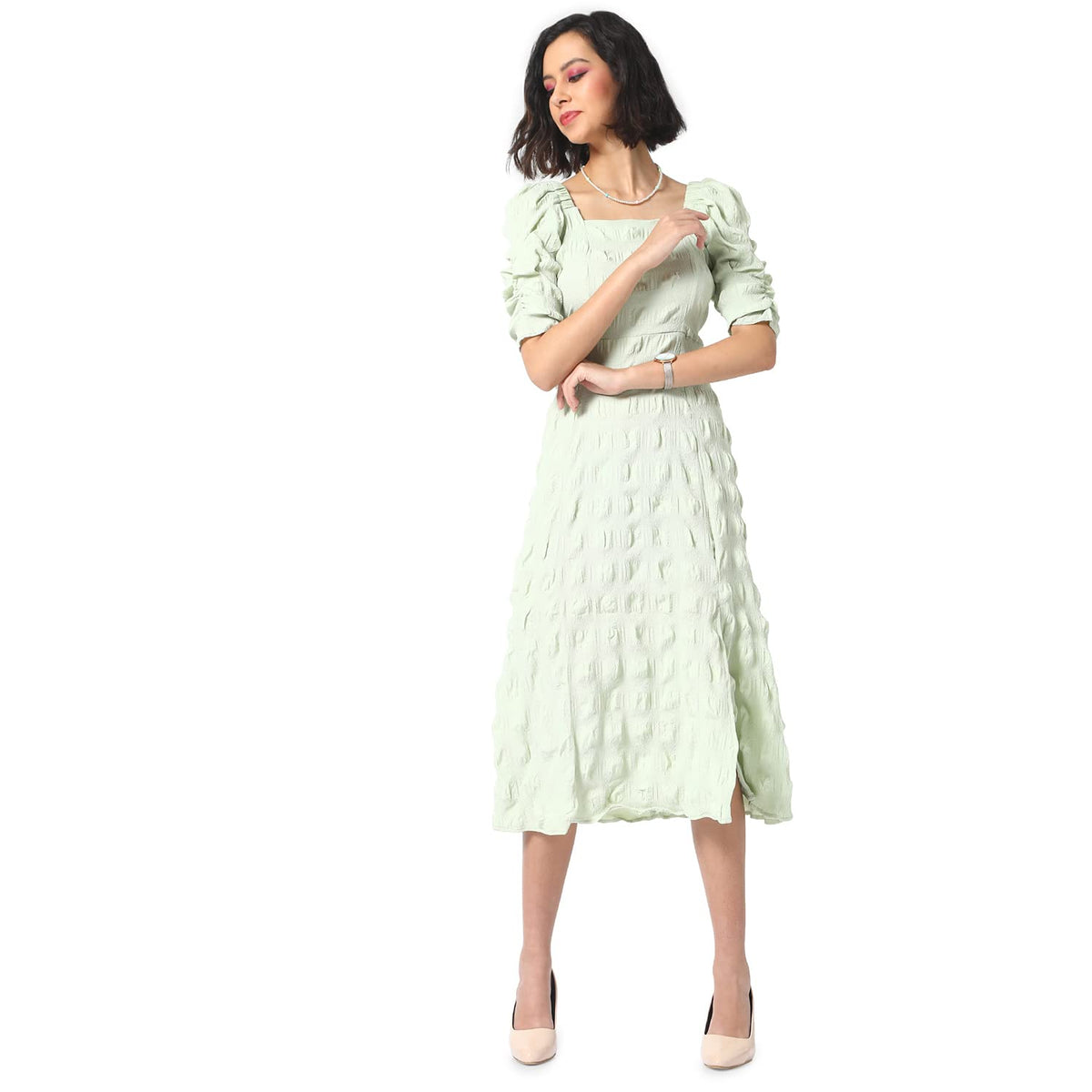 Campus Sutra WomenS Creased Midi Dress For Casual Wear | Puff Sleeve | Midi Length | Pull On Closure | Dress Crafted With Comfo