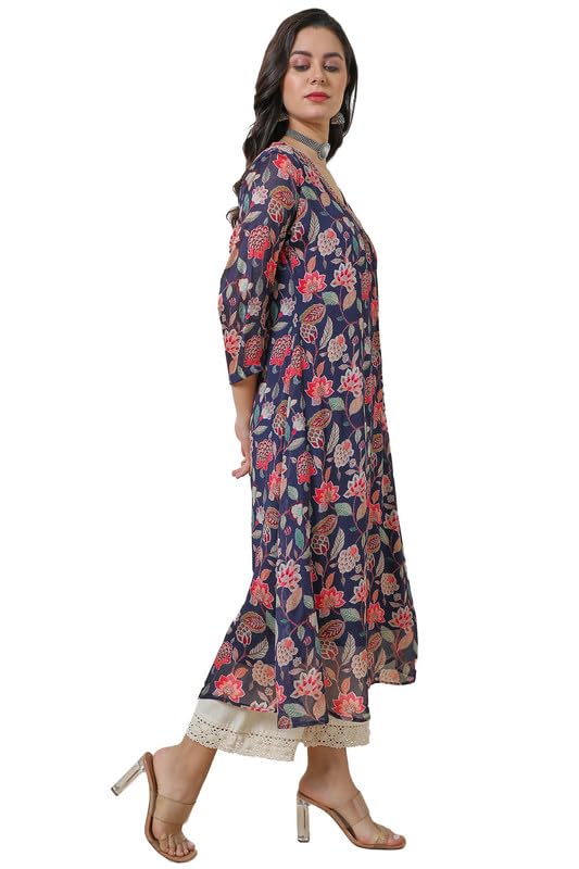 Soch Womens Navy Blue Chinon Botanical Print A Line Kurta