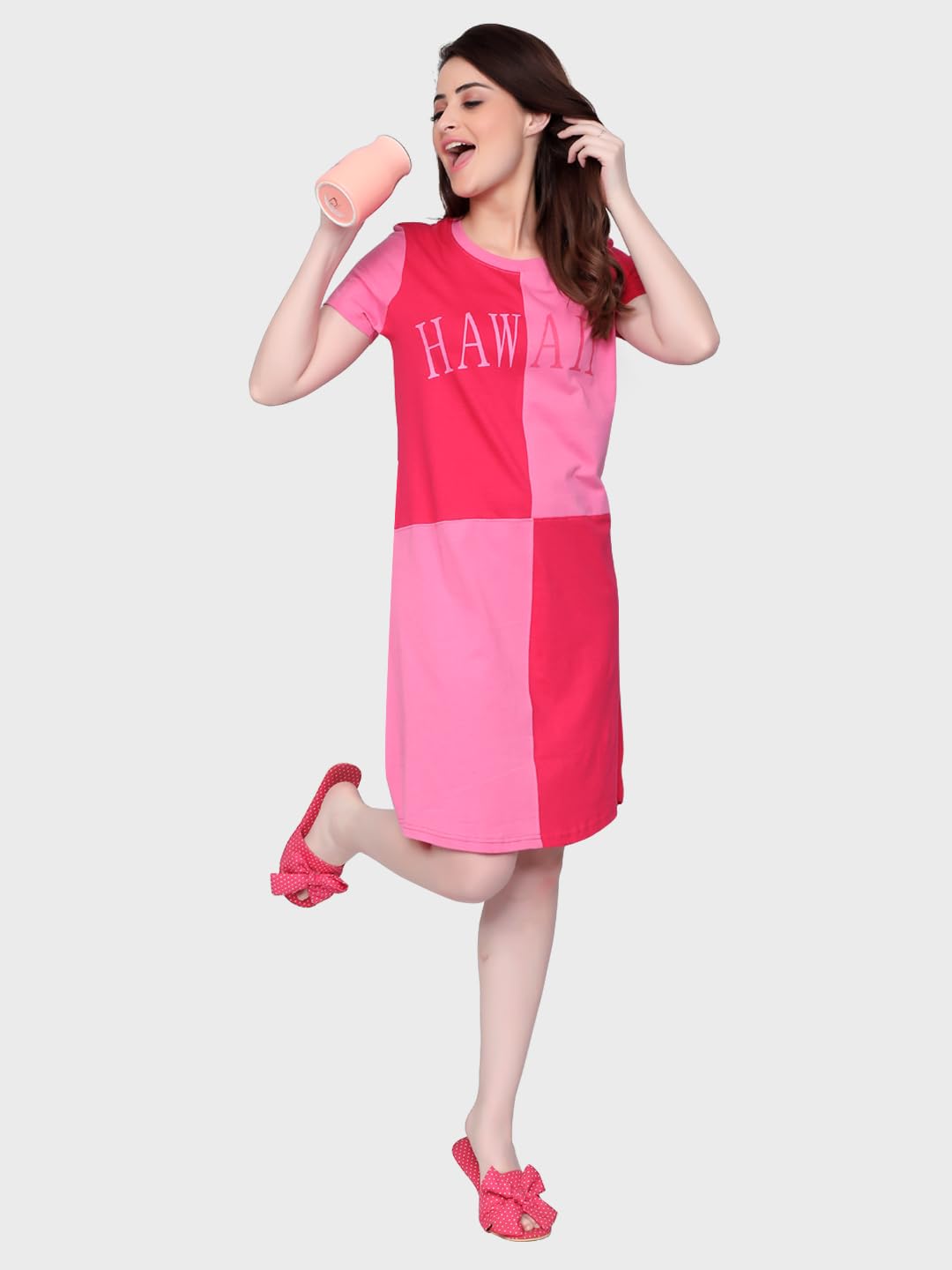 Evolove WomenS Cotton Knee Length Short Night Gown Nighty Dress With Pocket, Super Soft Comfortable (Fuchsia, Sngkcfss23-M5205-