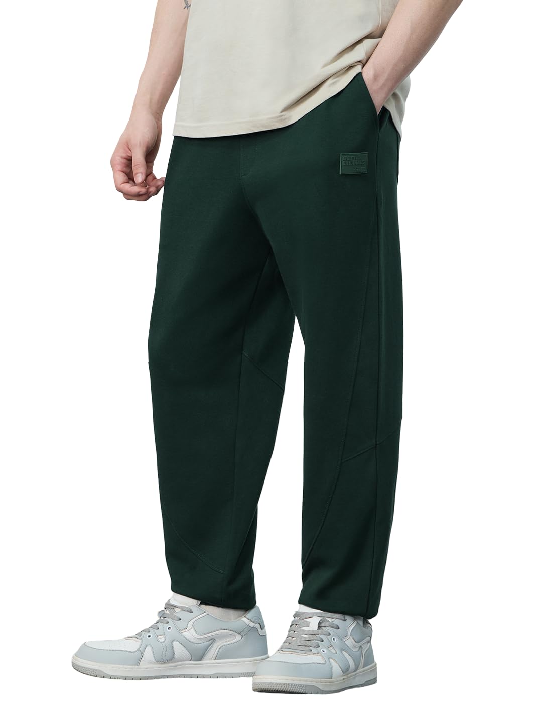 The Souled Store Solids: Dark Green Mens and Boys Drawstringed Baggy Fit Cotton Blend Oversized Joggers