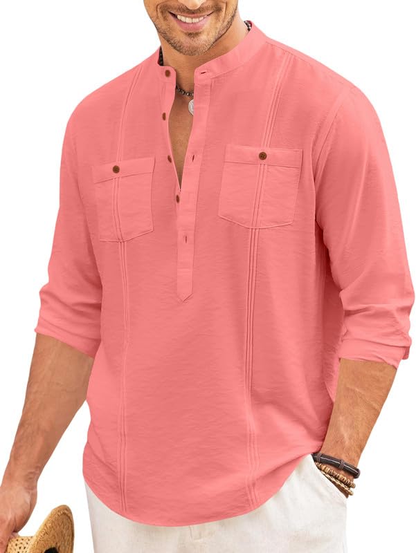 Macsivo Cotton Blend Solid Casual Short Kurta For Men Long Sleeve Mandarin Collar Stylish Shirt Kurta For Men Peach