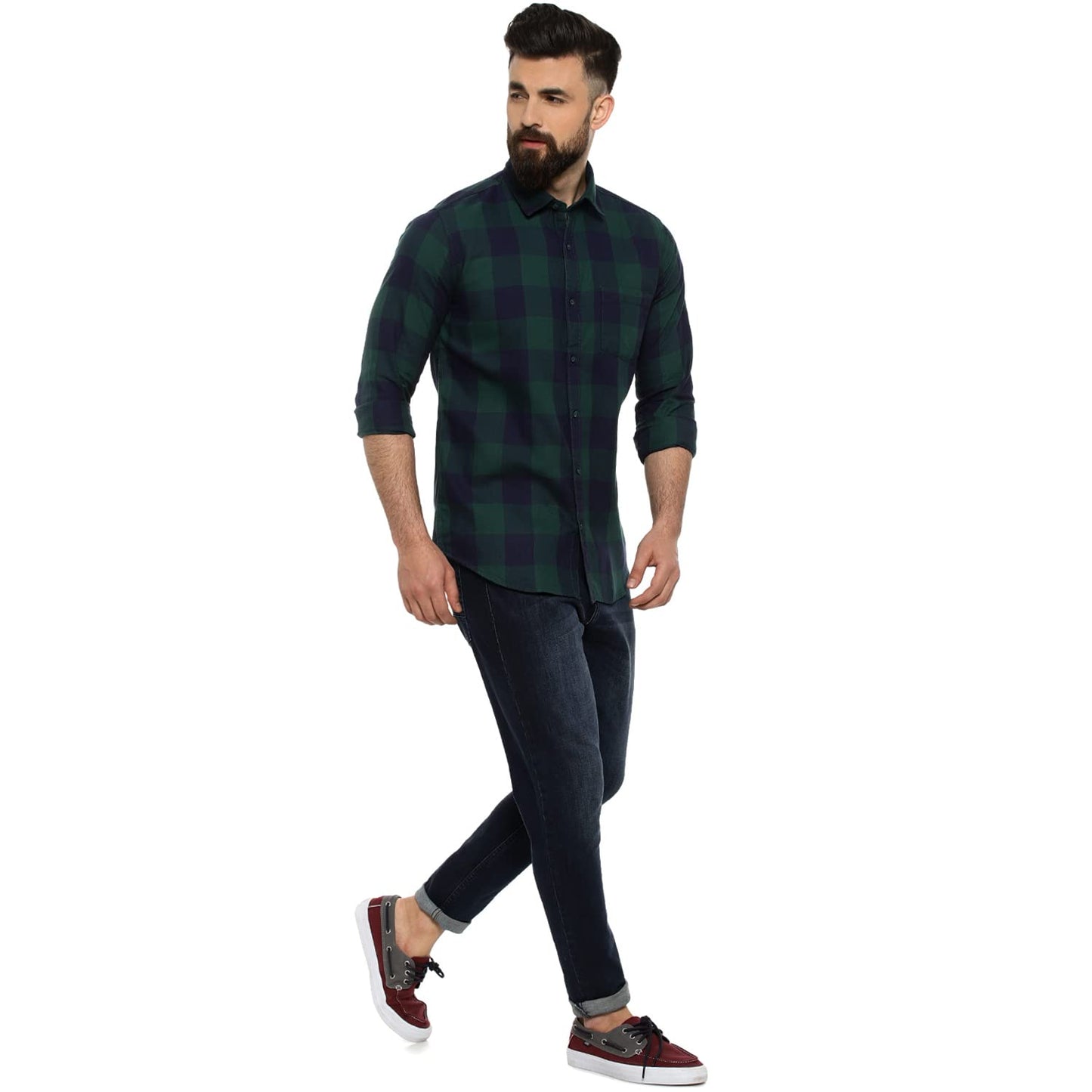Campus Sutra Mens Regular Fit Full Sleeve Shirt for Casual Wear |Blue|Green|Chequered|Front Spread Collar|Shirt Crafted with Co