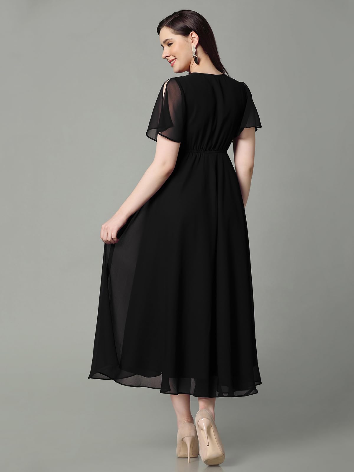 Selvia Western Dress For Women| Solid Cap Sleeve Georgette Western Dress For Women | Keyhole Neck Fit & Flare Dress For Women |