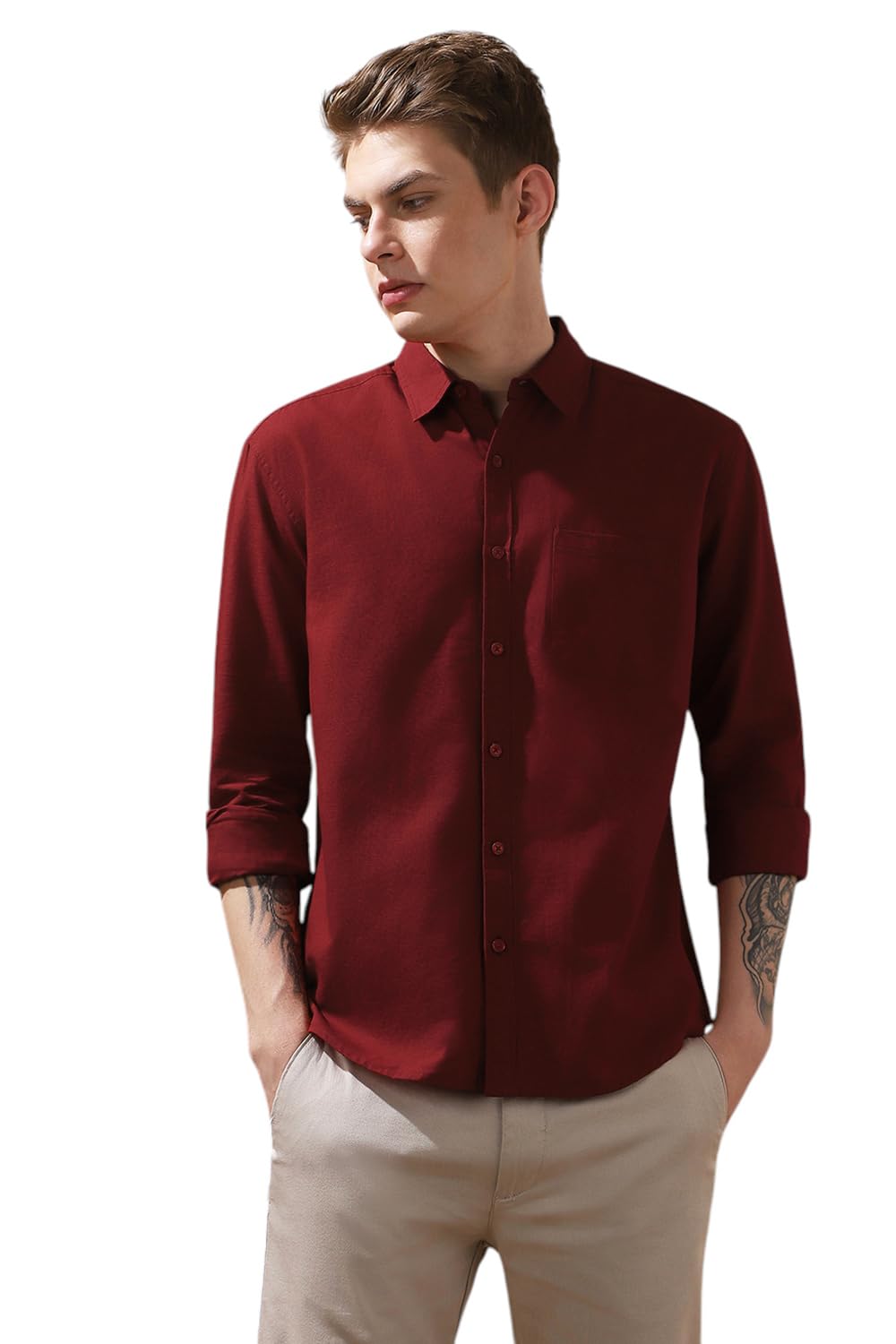 Dennis Lingo Men Regular Fit Maroon Full Sleeves Cotton Casual Shirt