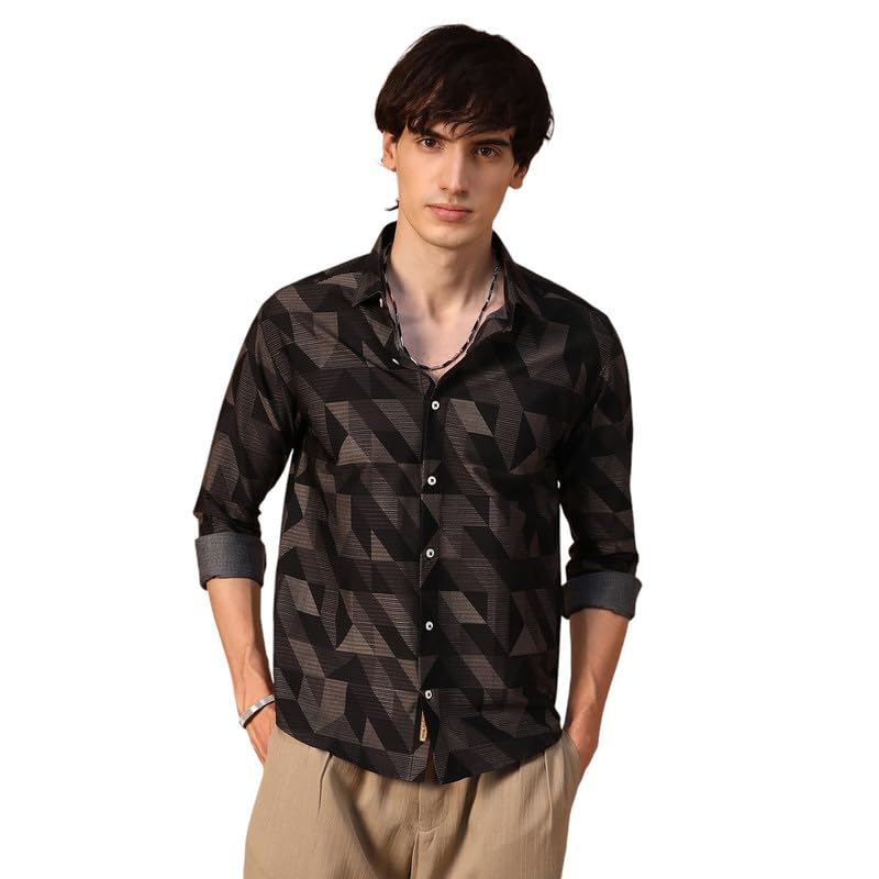 Campus Sutra Mens Midnight Black Geometric Seersucker Shirt for Casual Wear | Spread Collar | Long Sleeve | Button Closure | Sh