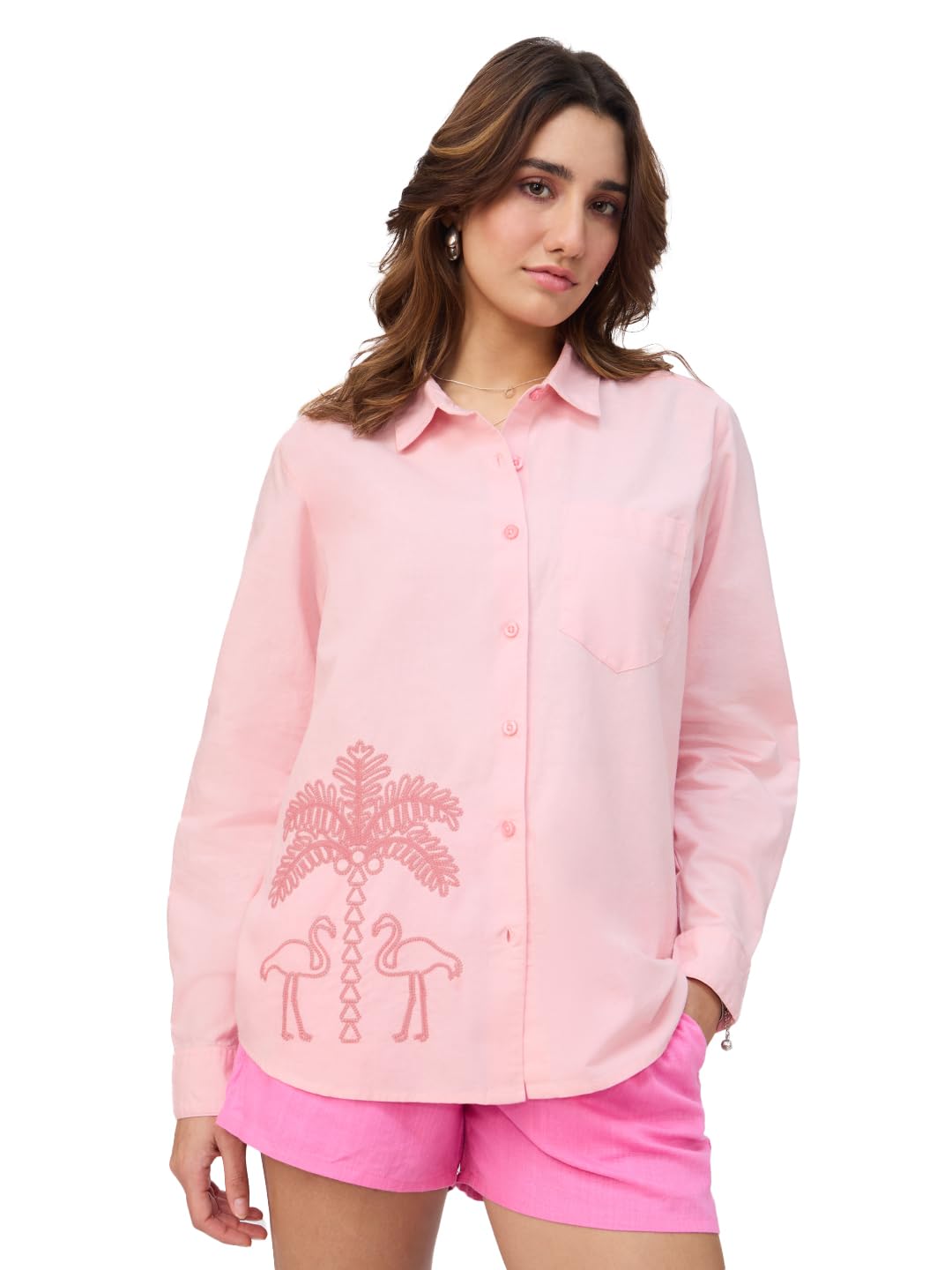 The Souled Store Cotton Linen Shirt: Flamingo Women and Girls Long Sleeve Collared Neck Pink Embroidered Oversized Fit Lightweig