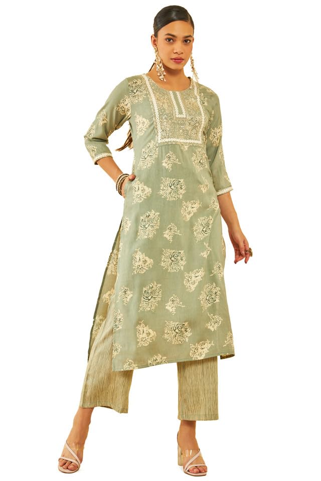 Soch Womens Sap Green Rayon Embroidered Kurta Set With Sequins