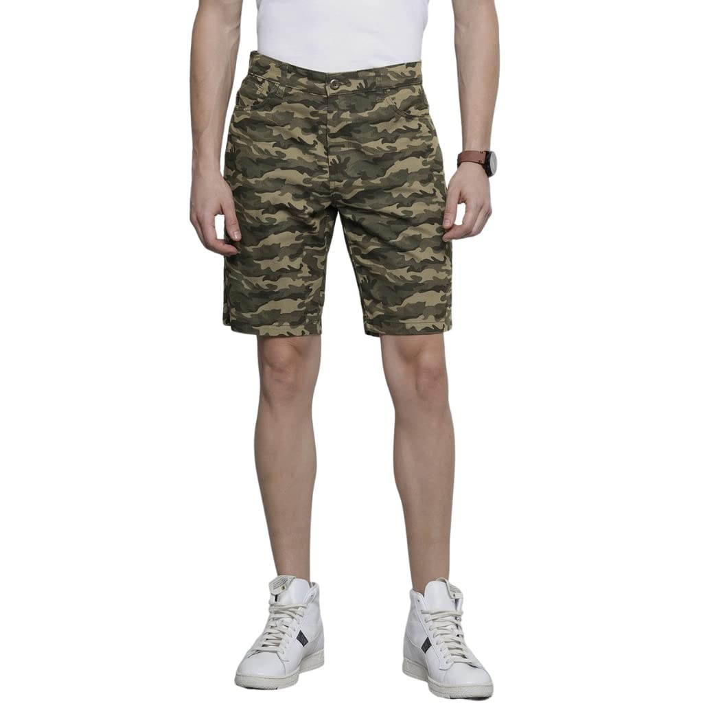 The Indian Garage Co Men Slim Fit Solid Mid-Rise Chino Shorts Olive Camo
