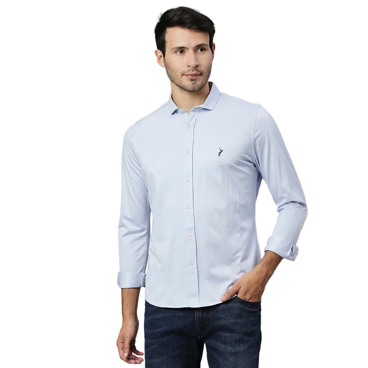 Thomas Scott Mens Solid Slim Fit Casual Shirt with Spread Collar and Full Sleeve Sky Blue