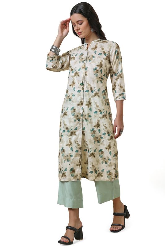 Soch Womens Beige Linen Blend Floral Print Kurta with Tassels