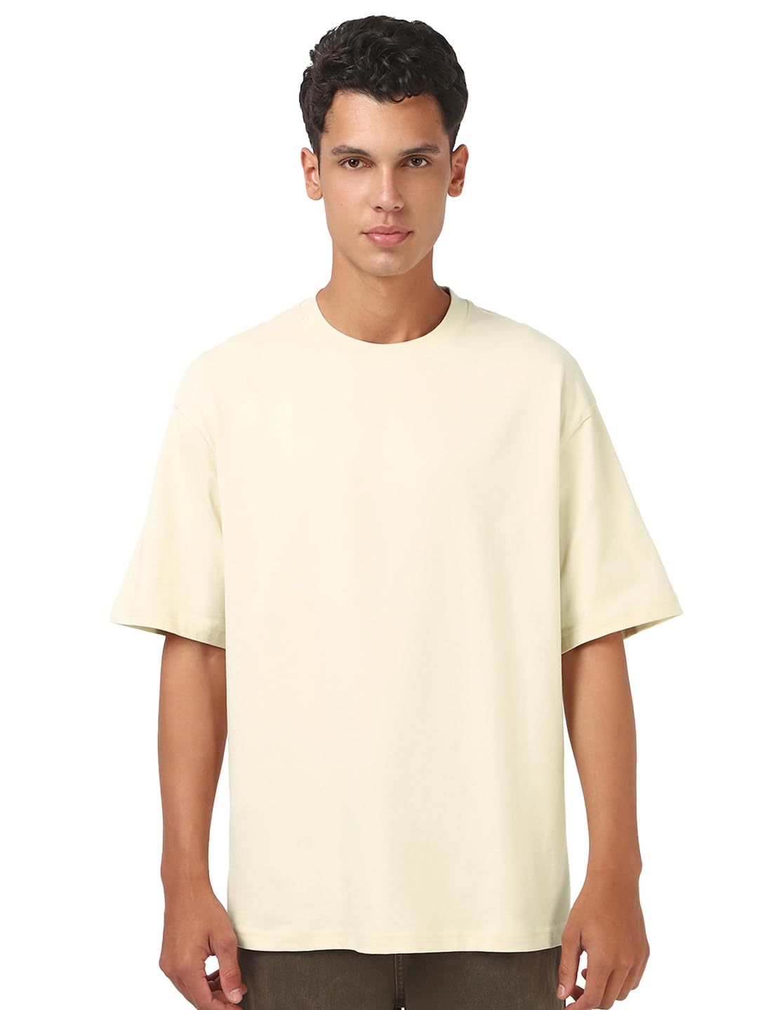 Bewakoof Mens Solid Oversized Fit Half Sleeve Round Neck Cotton T-Shirt_662232_Off White_S