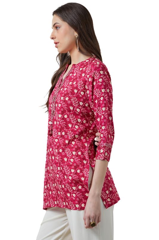 Soch Womens Fuchsia Rayon Botanical Print Tunic with Mirror Work
