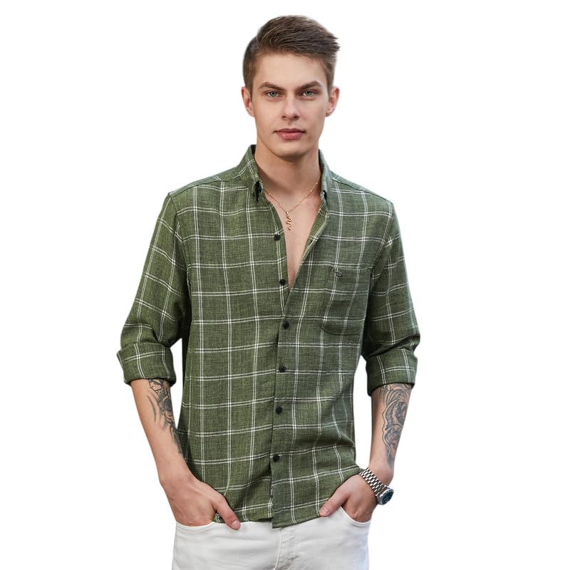 Campus Sutra Mens Olive Green BiGraph-Check Shirt for Casual Wear | Spread Collar | Long Cuffed Sleeves | Button Closure | Shir